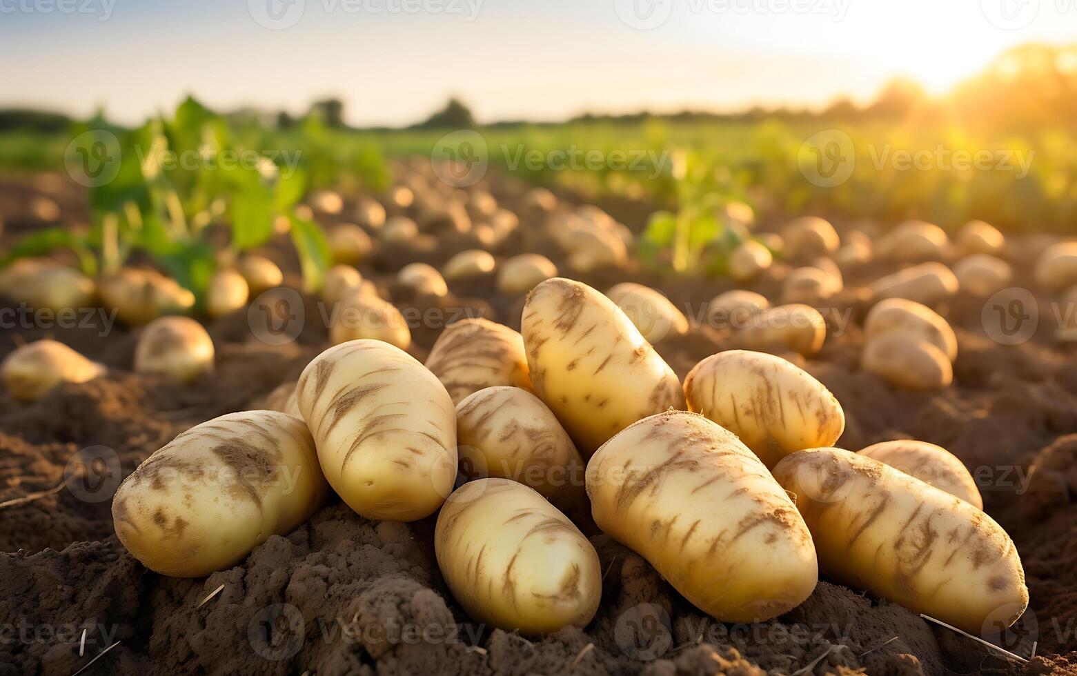 ai gerado recentemente cavado batatas deitado em a terra dentro a campo foto