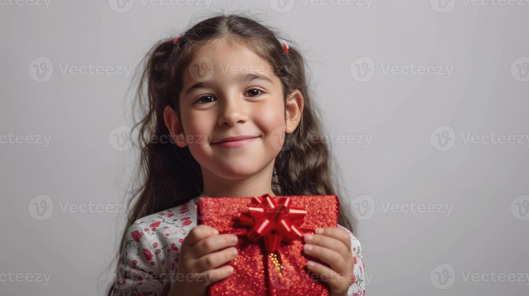 ai gerado uma sorridente jovem menina segurando vermelho presente caixa isolado em branco fundo, foto