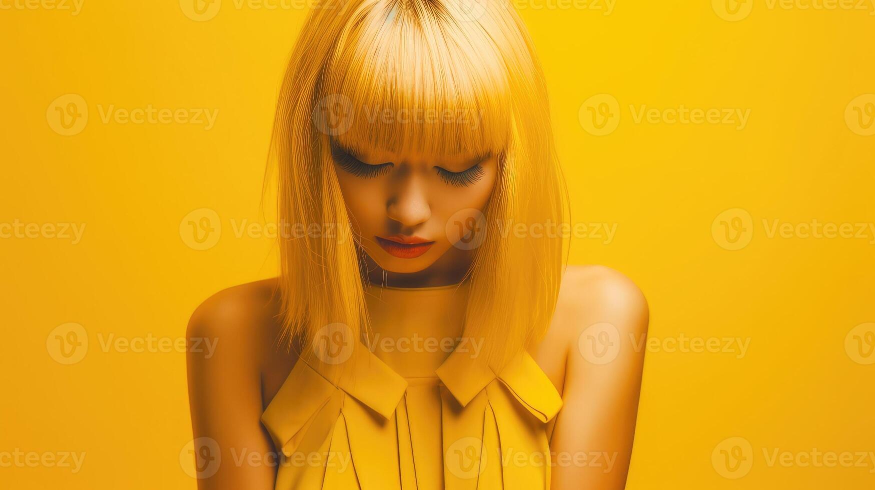 ai gerado uma jovem triste ásia loiro menina suspirando chateado vestindo a néon vestir em amarelo fundo, , foto