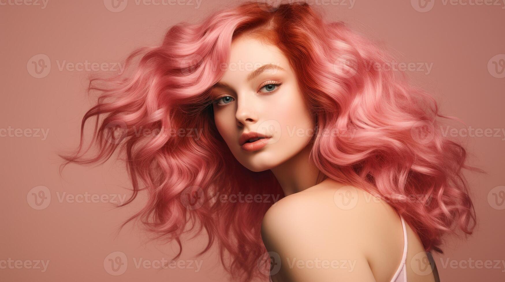 ai gerado linda mulher com lindo ondulado Rosa cabelo em uma bege fundo com cópia de espaço, foto