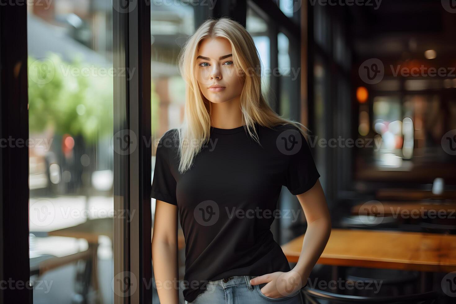 ai gerado jovem Loiras mulher vestindo Bella tela de pintura Preto t camisa e jeans, às uma acolhedor restaurante em verões dia. Projeto camiseta modelo, impressão apresentação brincar. ai gerado. foto