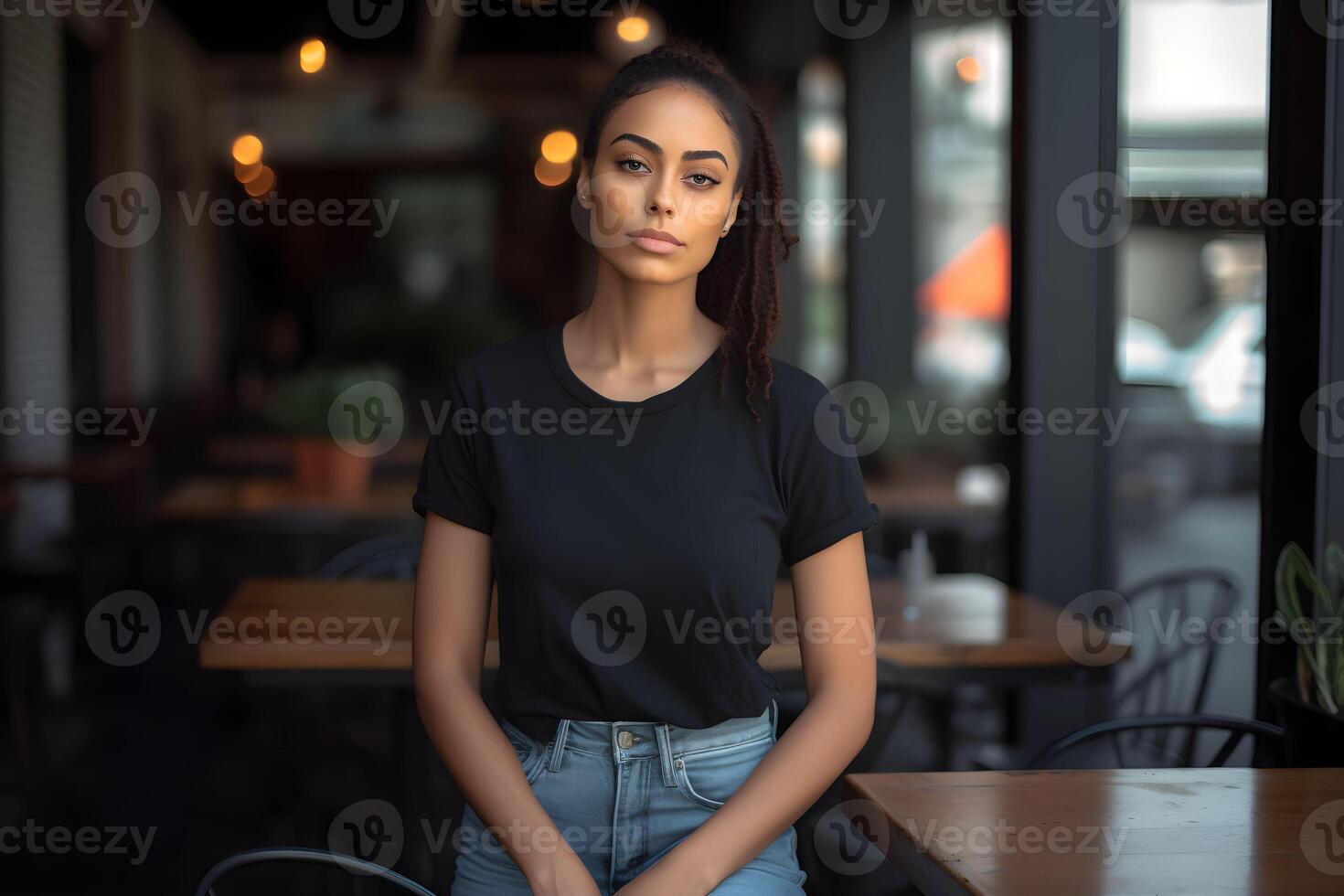 ai gerado jovem africano mulher vestindo Bella tela de pintura Preto t camisa e jeans, às uma acolhedor restaurante em verões dia. Projeto camiseta modelo, impressão apresentação brincar. foto