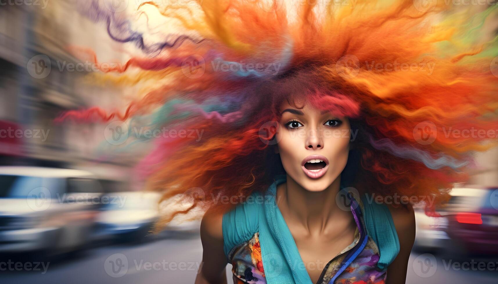 ai gerado fotorrealista ilustração do uma mulher com uma grande bufante Penteado corrida baixa a rua. foto