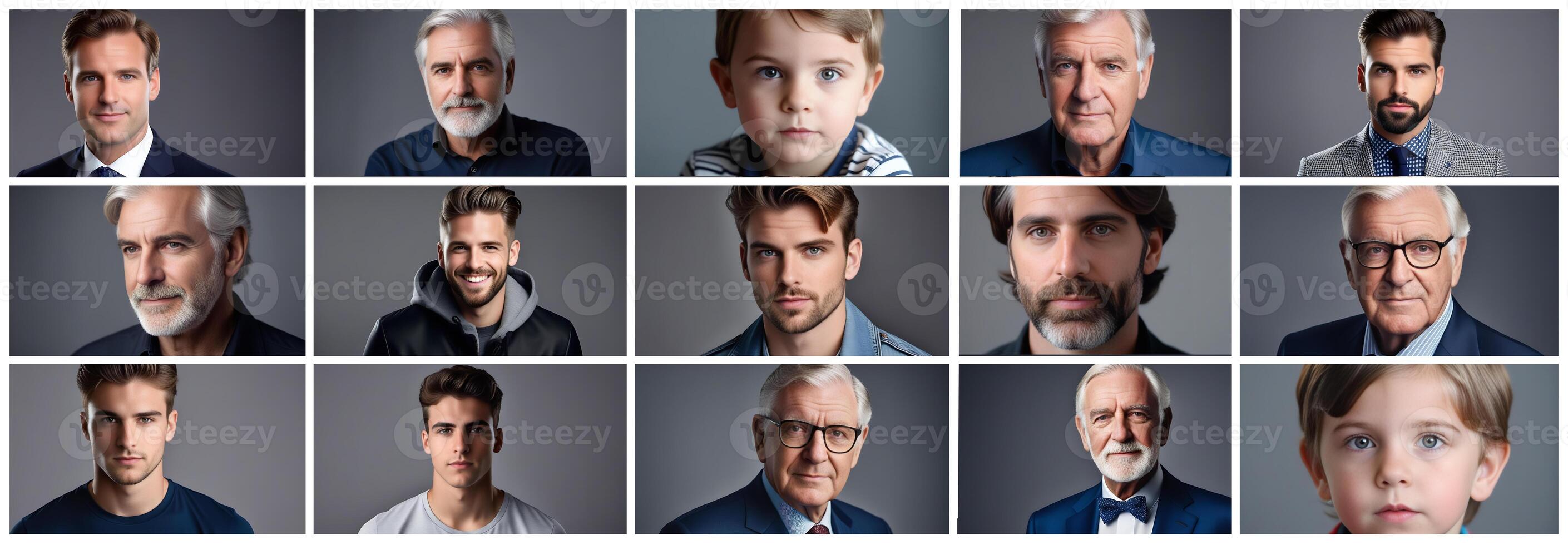 ai gerado homens retratos definir. diferente machos, Senior e jovem pessoas rostos, cabeça tiros rede foto