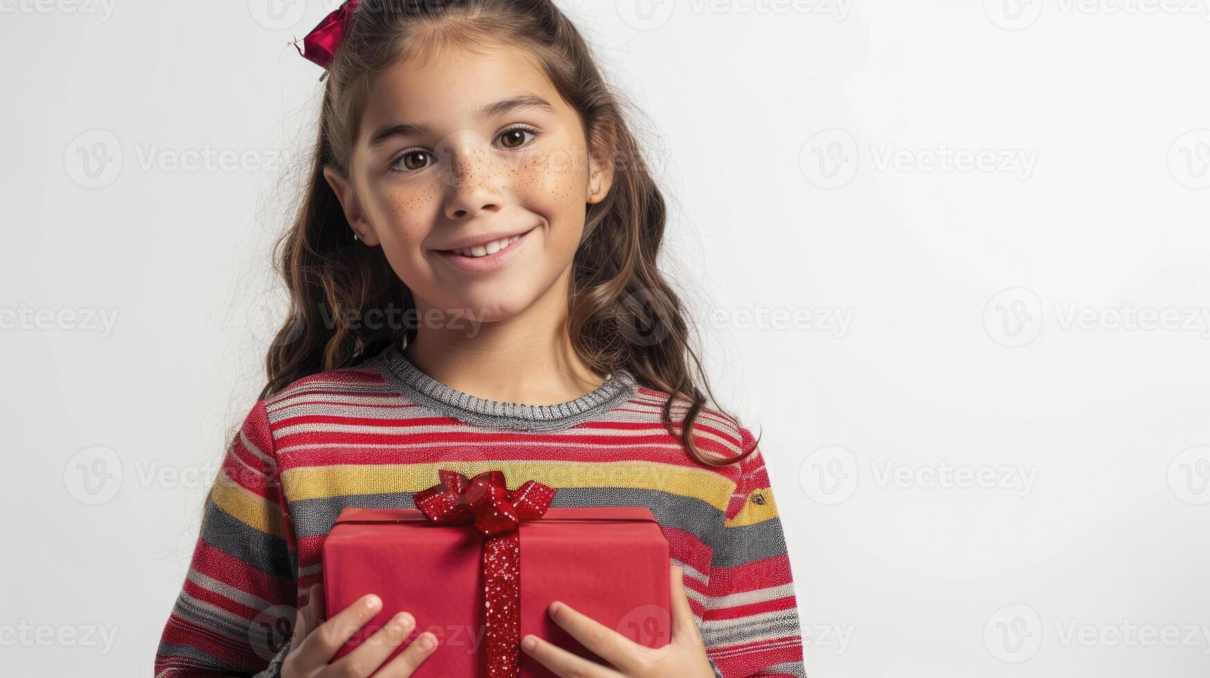 ai gerado uma sorridente jovem menina segurando vermelho presente caixa isolado em branco fundo, foto