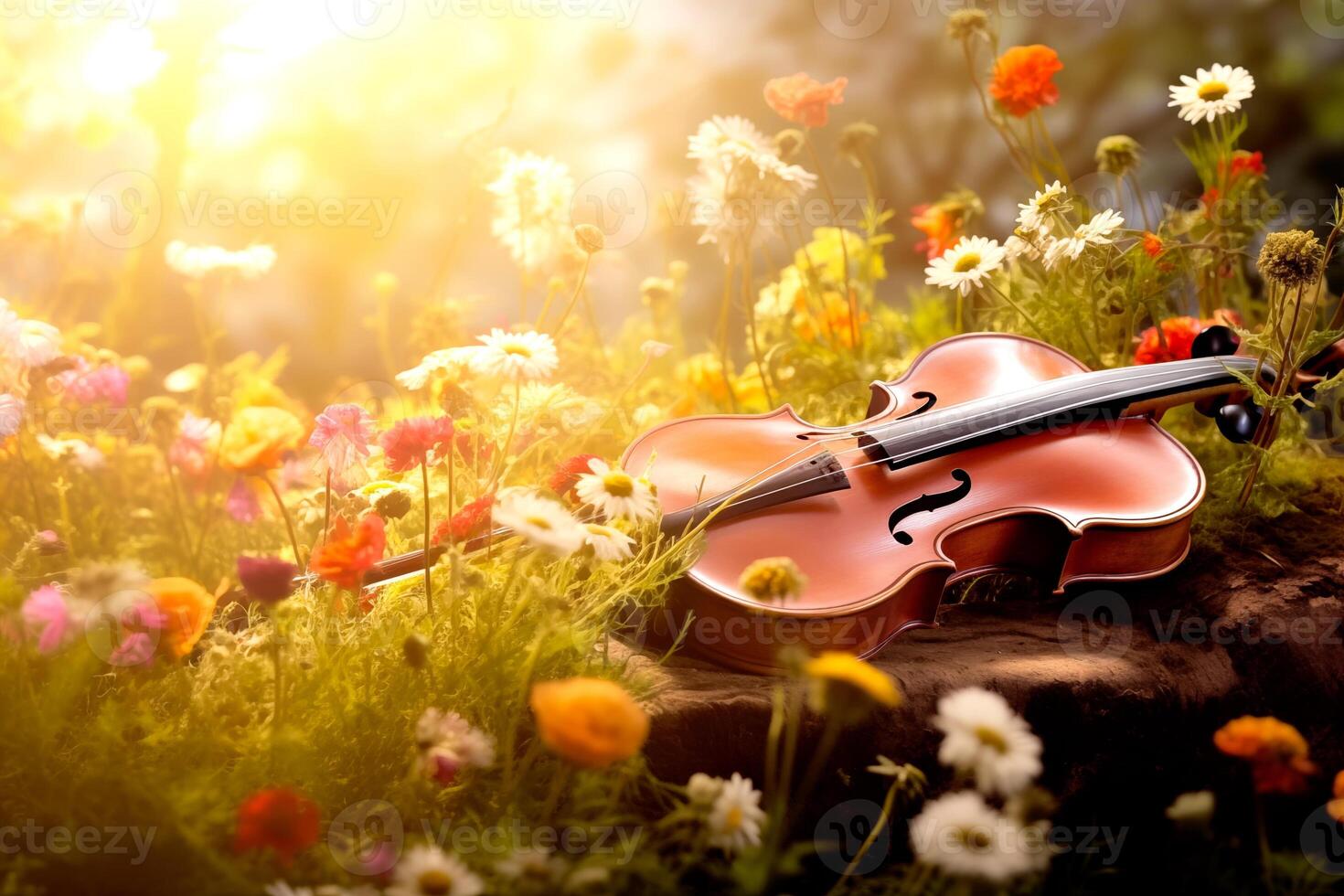 ai gerado a violino em a chão, a conceito uma música sobre primavera, música dentro cores, uma flor jardim, Sonhe tonificado pôr do sol fundo foto