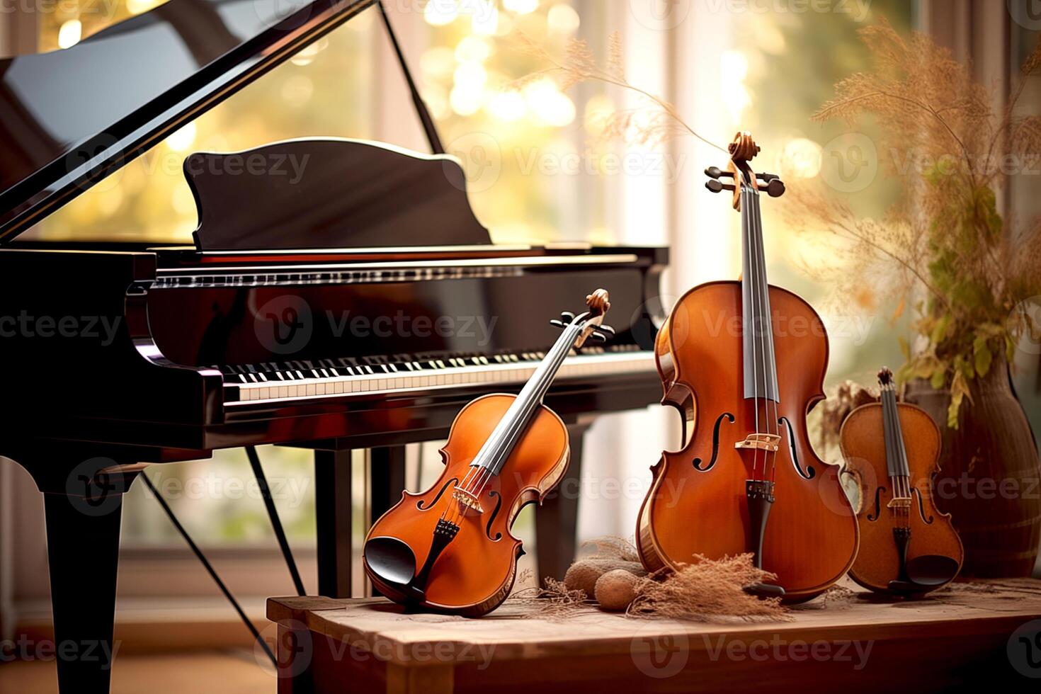 ai gerado música trio instrumento com grande piano, violino e violoncelo em a etapa com bogeh efeito fundo foto