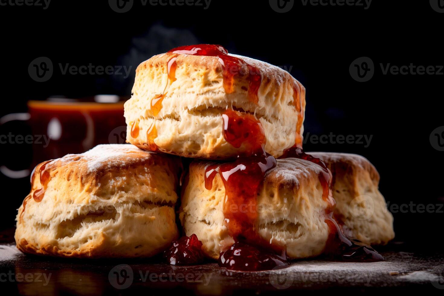 ai gerado fechar-se avião scones com framboesas e framboesa geléia em topo pronto para servir para tarde chá cardápio padaria Comida foto