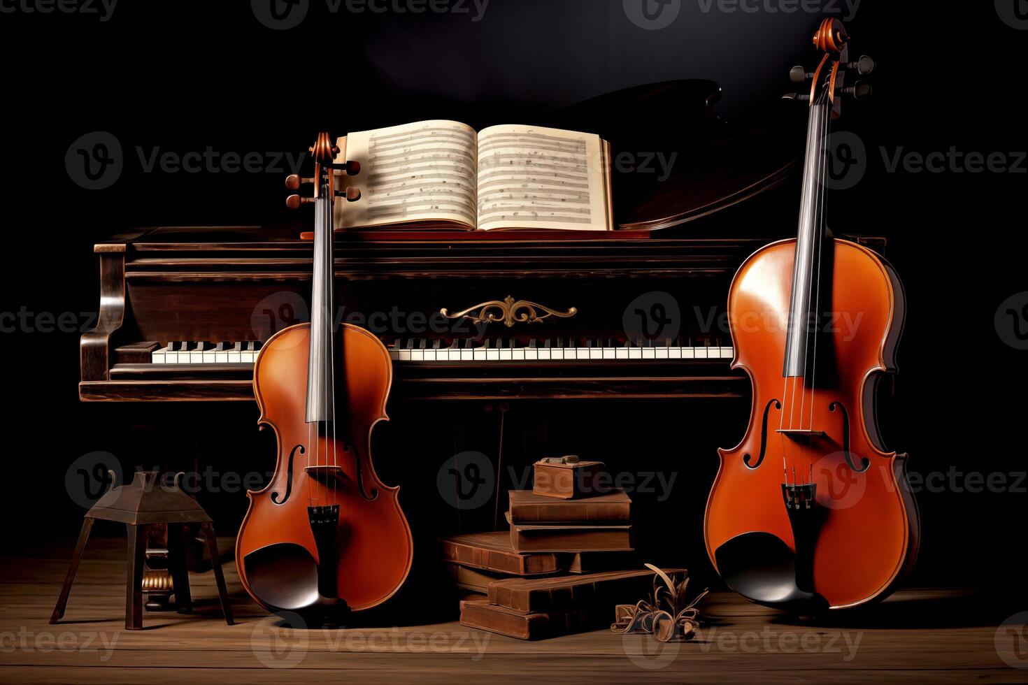 ai gerado música trio instrumento com piano vintage estilo, violino e violoncelo decorado com livros com Preto fundo foto