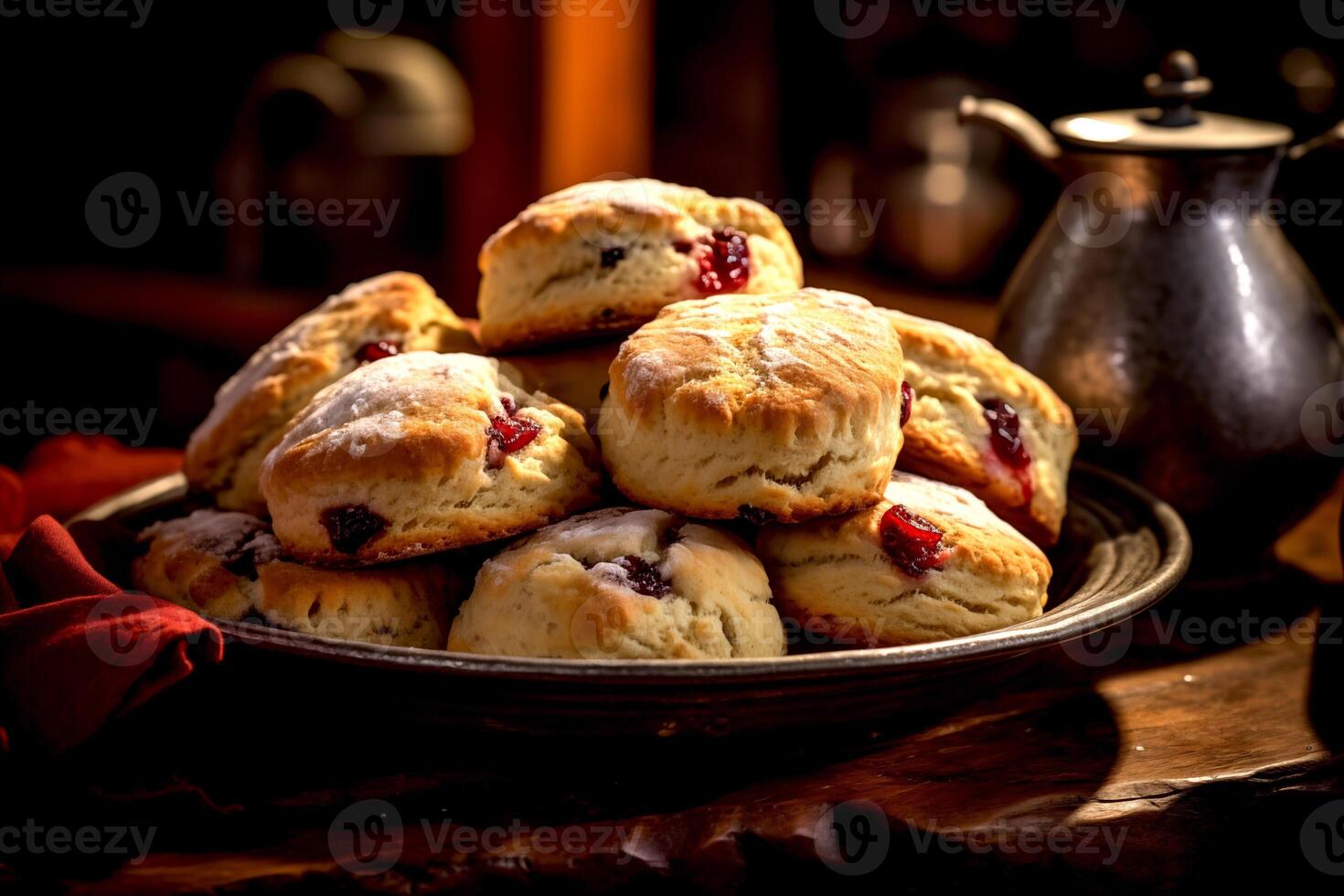 ai gerado fechar-se tradicional britânico scones com framboesas e framboesa geléia pronto para servir para tarde chá cardápio padaria Comida em uma de madeira mesa foto