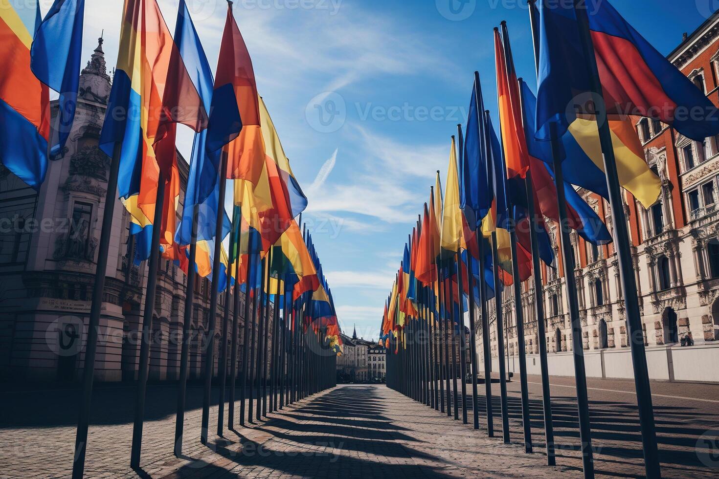 ai gerado uma linha do pilares com diferente bandeiras dentro a cidade quadrado. gerado de artificial inteligência foto