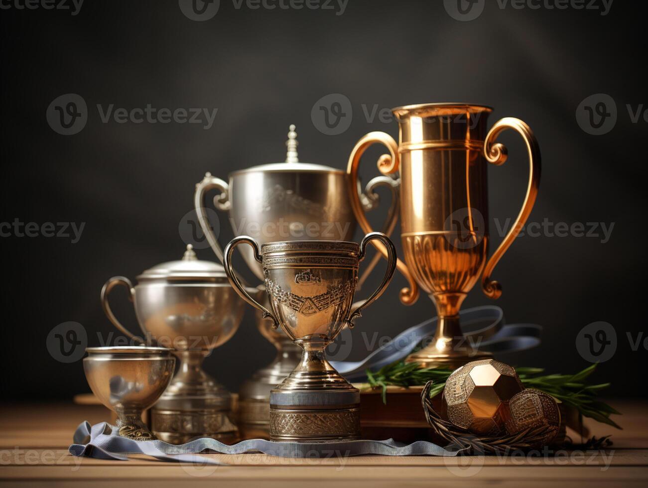 ai gerado campeão troféus, vencedores copos troféu. ouro, prata, bronze. prêmio para esportivo conquistas e vitórias. realista foto