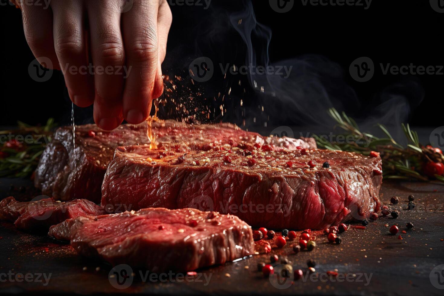 ai gerado dedos borrifar tempero em cozinhou carne bife fechar-se. fotografia dentro movimento. gerado de artificial inteligência foto