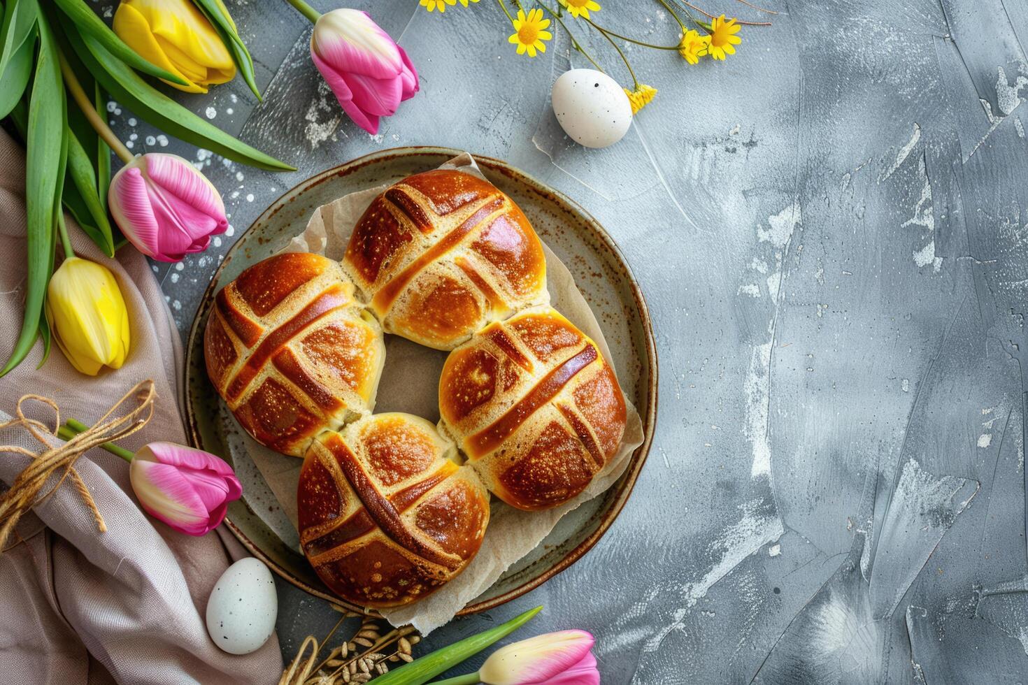 ai gerado Páscoa cozido quente Cruz pães festivo Páscoa sobremesa, mini ovos, Primavera flores, espaço para texto foto