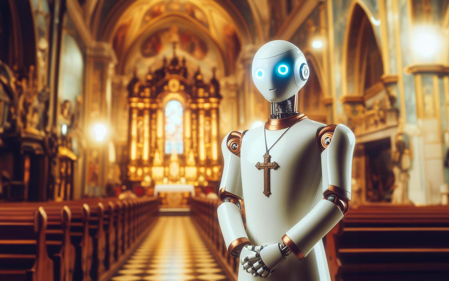 ai gerado robô sacerdote dentro igreja. moderno mundo. artificial inteligência substituição conceito. robô Como espiritual líder. foto