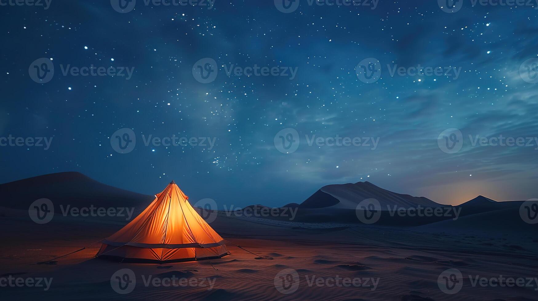 ai gerado experiência a Magia do deserto acampamento com uma céu cheio do estrelas a sobrecarga e a Paz do natureza foto