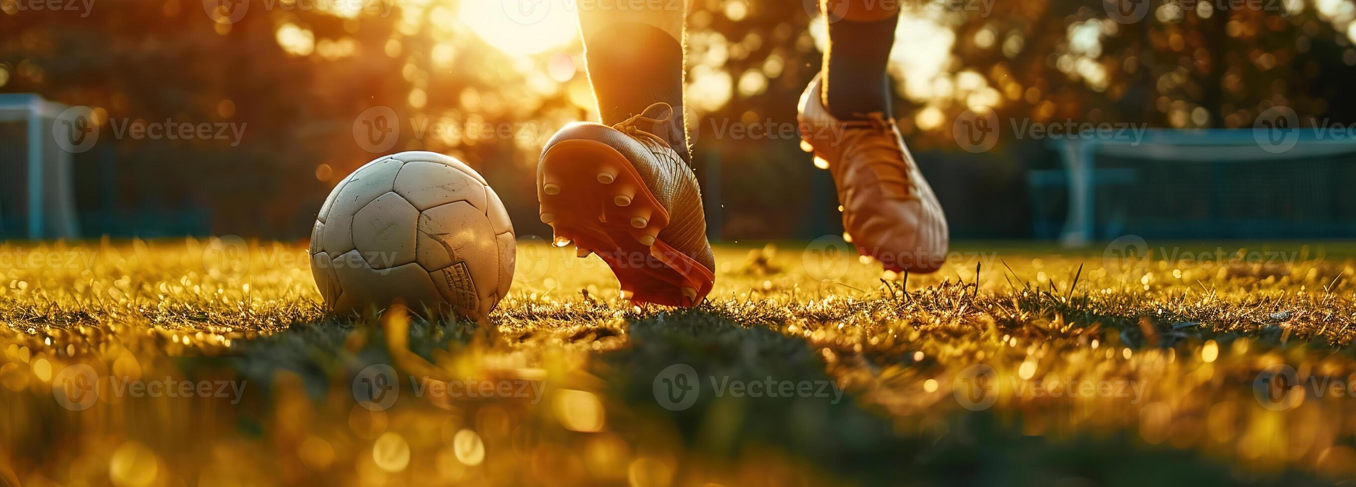 ai gerado intenso foco em futebol jogadoras pés e sapato, exibindo habilidade e precisão em a Relva campo com espaço para texto dentro tarde luz solar. foto
