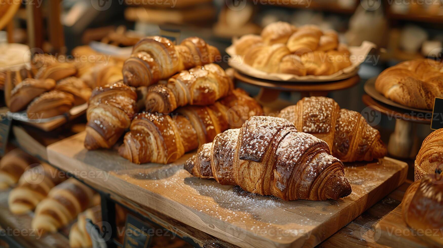 ai gerado artesão cozimento, fresco fermento pães, escamoso croissants, e gourmet pastelaria elegantemente apresentado dentro uma caloroso padaria contexto. foto