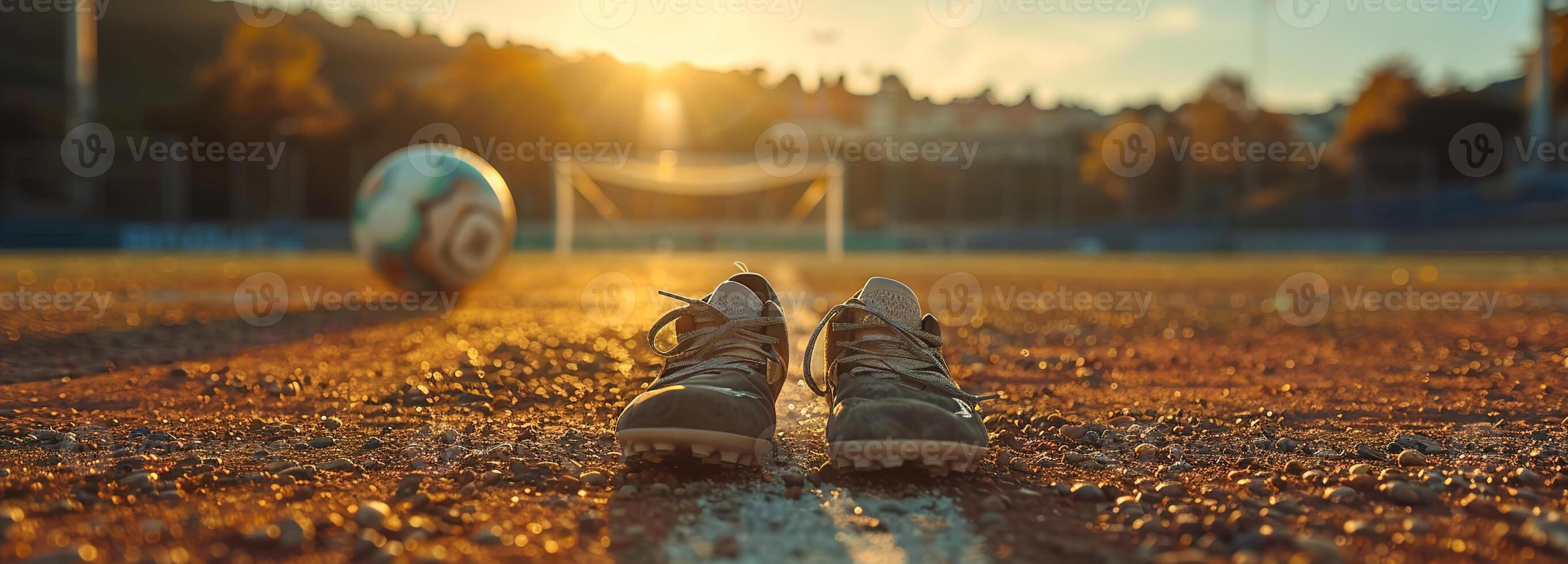 ai gerado intenso foco em futebol jogadoras pés e sapato, exibindo habilidade e precisão em a Relva campo com espaço para texto dentro tarde luz solar. foto