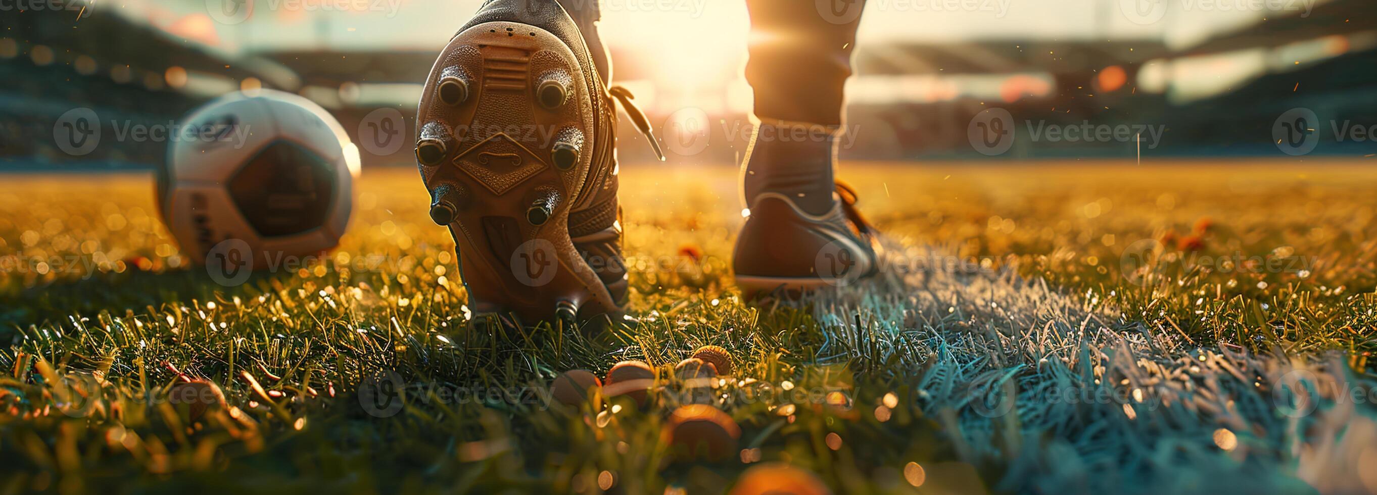 ai gerado intenso foco em futebol jogadoras pés e sapato, exibindo habilidade e precisão em a Relva campo com espaço para texto dentro tarde luz solar. foto