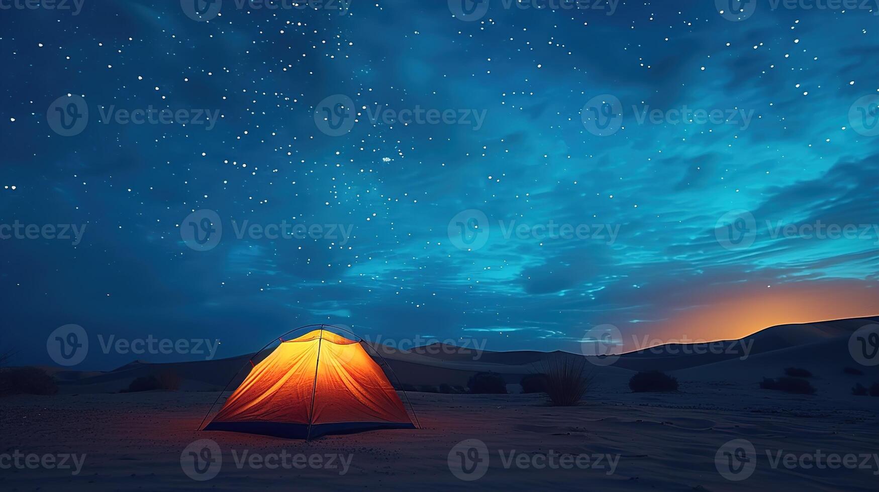 ai gerado experiência a Magia do deserto acampamento com uma céu cheio do estrelas a sobrecarga e a Paz do natureza foto