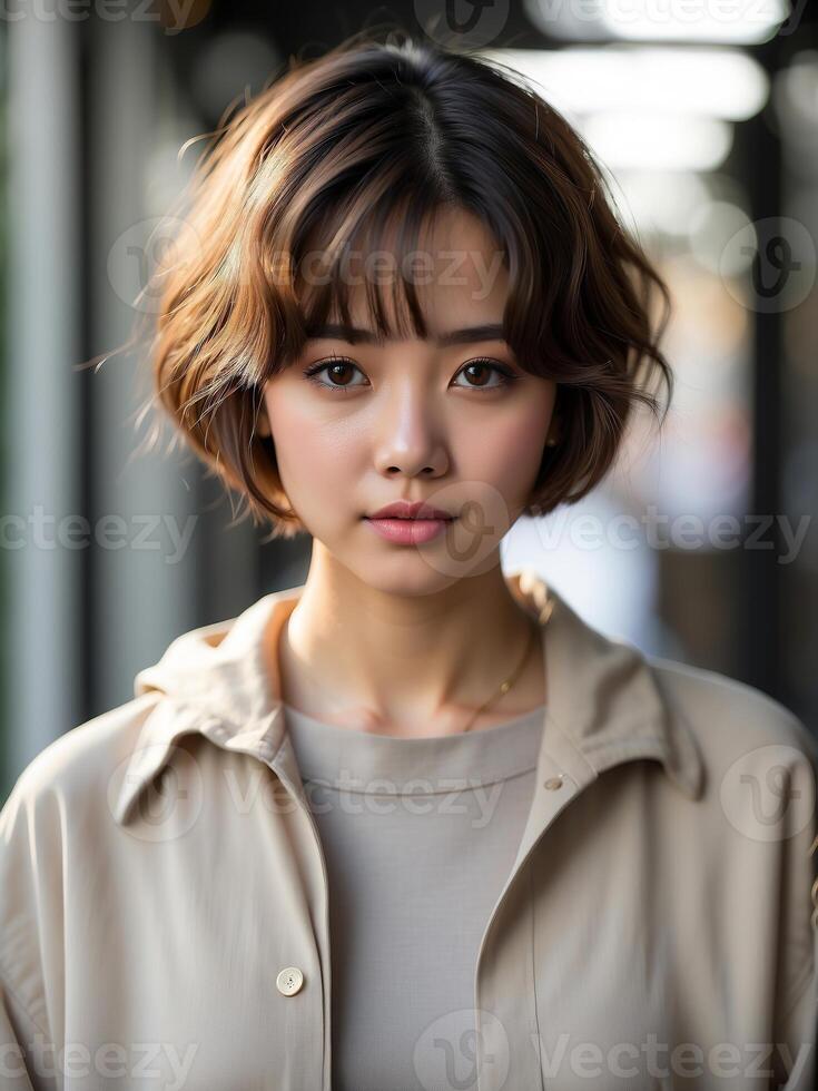 ai gerado uma mulher dentro uma bege colarinho camisa, curto cabelo, carrinhos dentro a urbano configuração com arquitetônico estruturas, parece confiante e é olhando em linha reta adiante foto