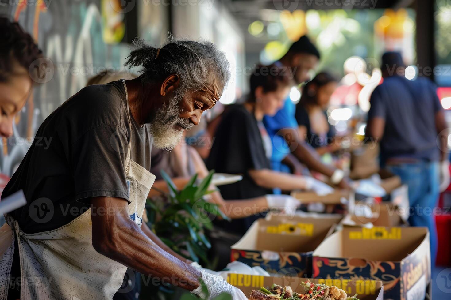 ai gerado comunidade voluntário servindo Comida foto