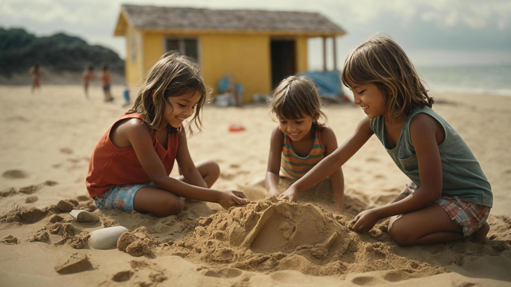 ai gerado três crianças jogando dentro a areia em a de praia foto