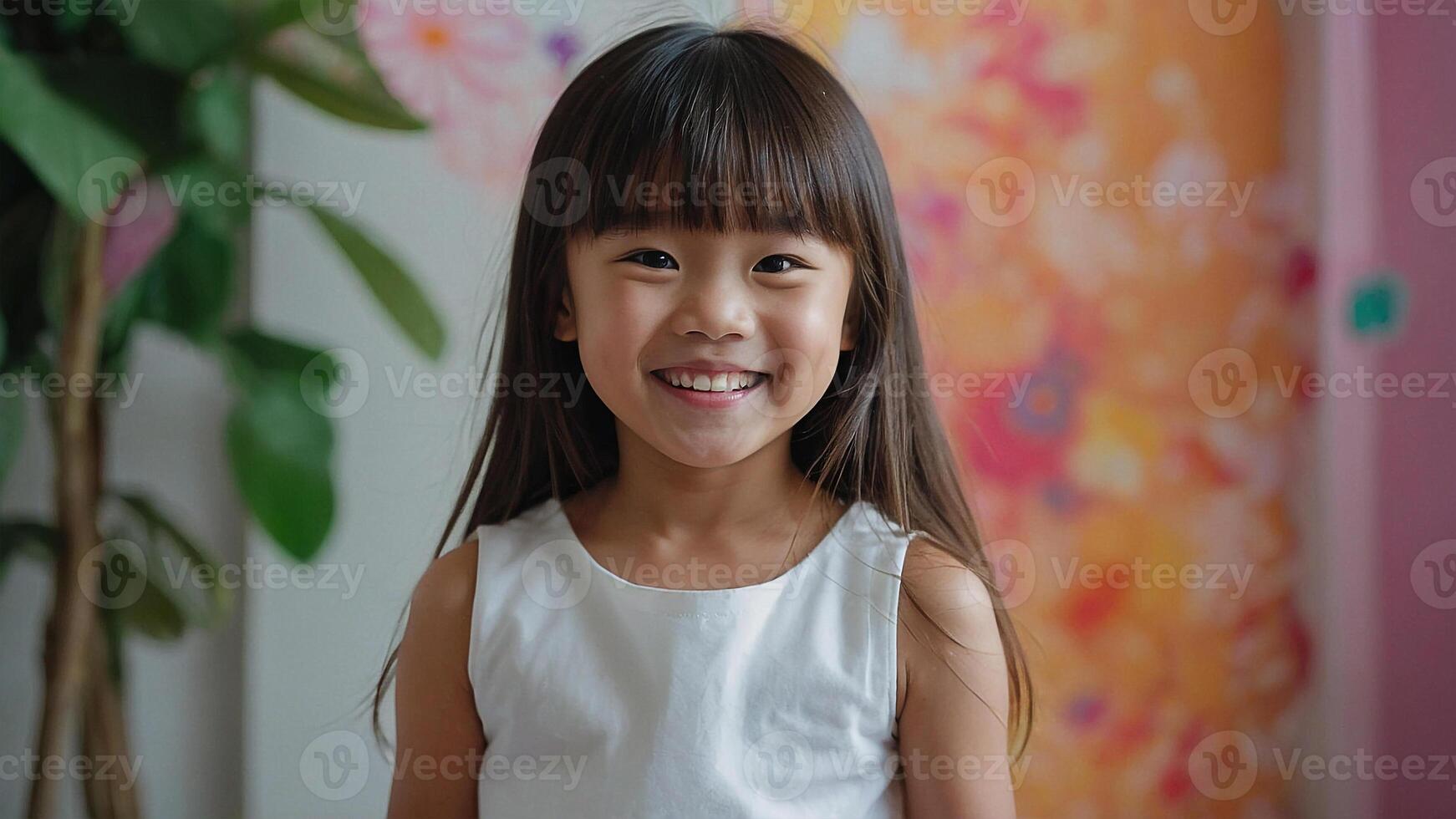 ai gerado uma pequeno menina sorrisos enquanto em pé dentro frente do uma colorida parede foto