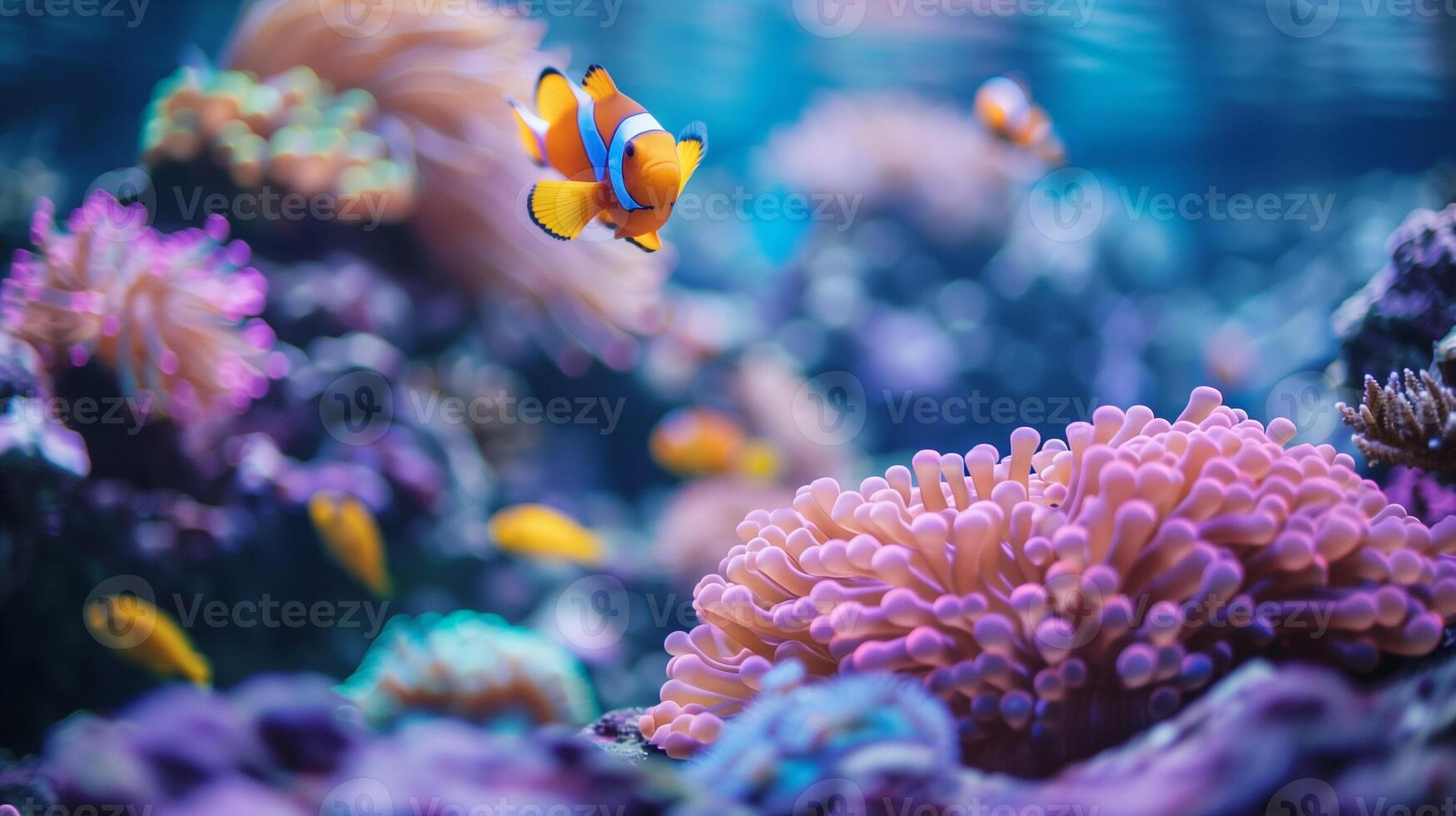 ai gerado Peixe-palhaço no meio vívido coral embaixo da agua paraíso foto