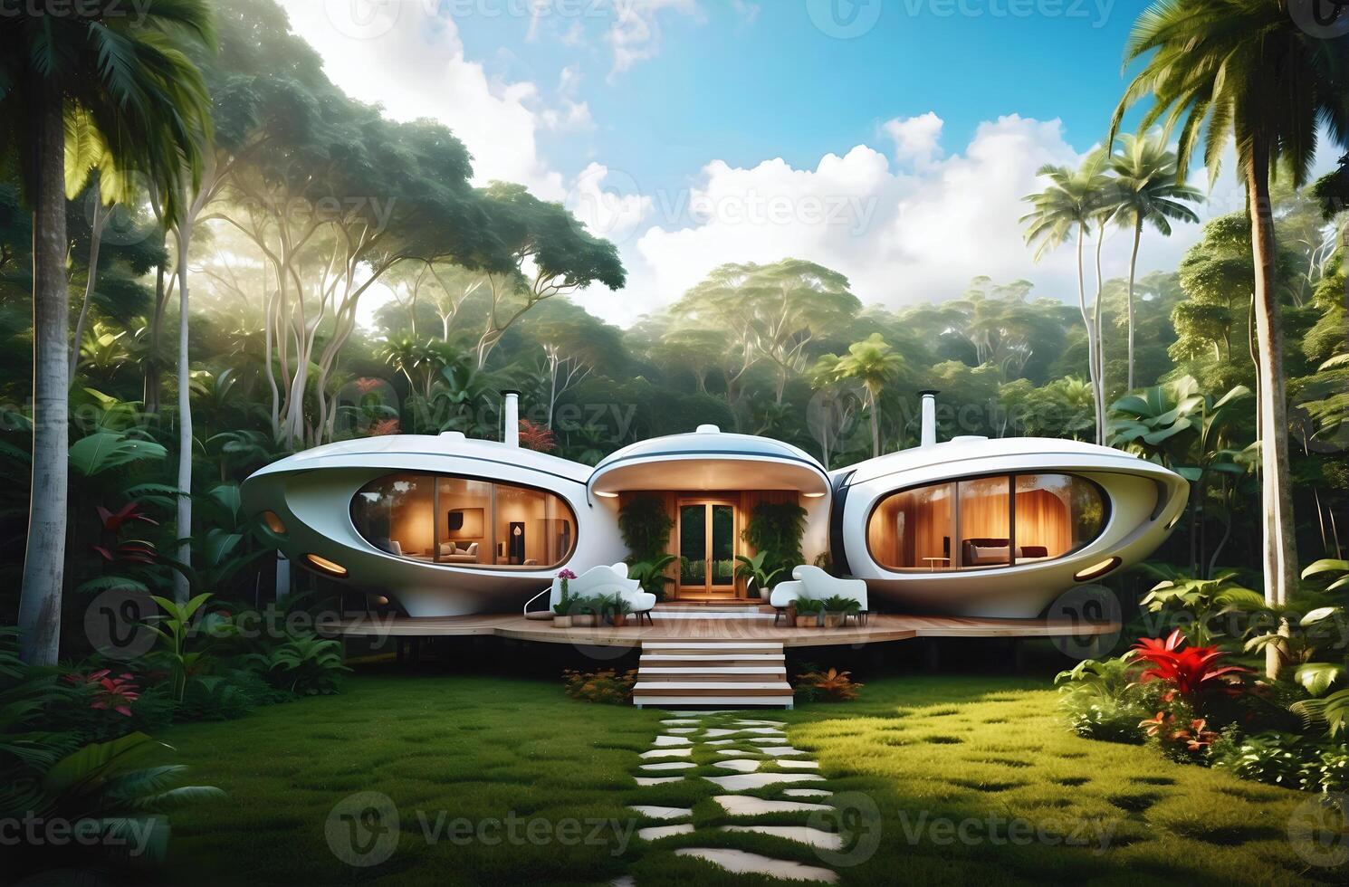 ai gerado moderno cápsula estilo conceito casa integrado dentro floresta tropical e natureza, arquitetura fundo, eco verde casa foto