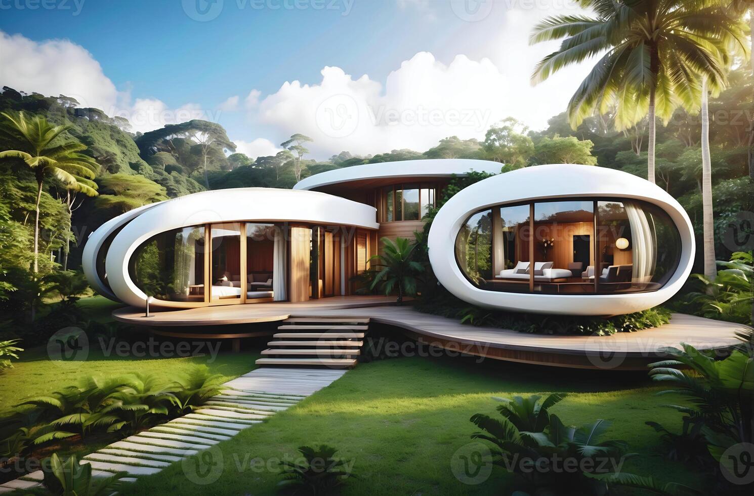 ai gerado moderno cápsula estilo conceito casa integrado dentro floresta tropical e natureza, arquitetura fundo, eco verde casa foto