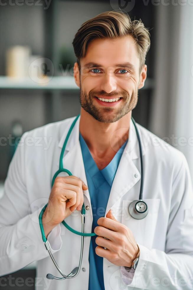 ai gerado retrato do bonito médico vestindo branco casaco e estetoscópio sorridente dentro hospital, palavra saúde dia fundo, remédio modelo, foto