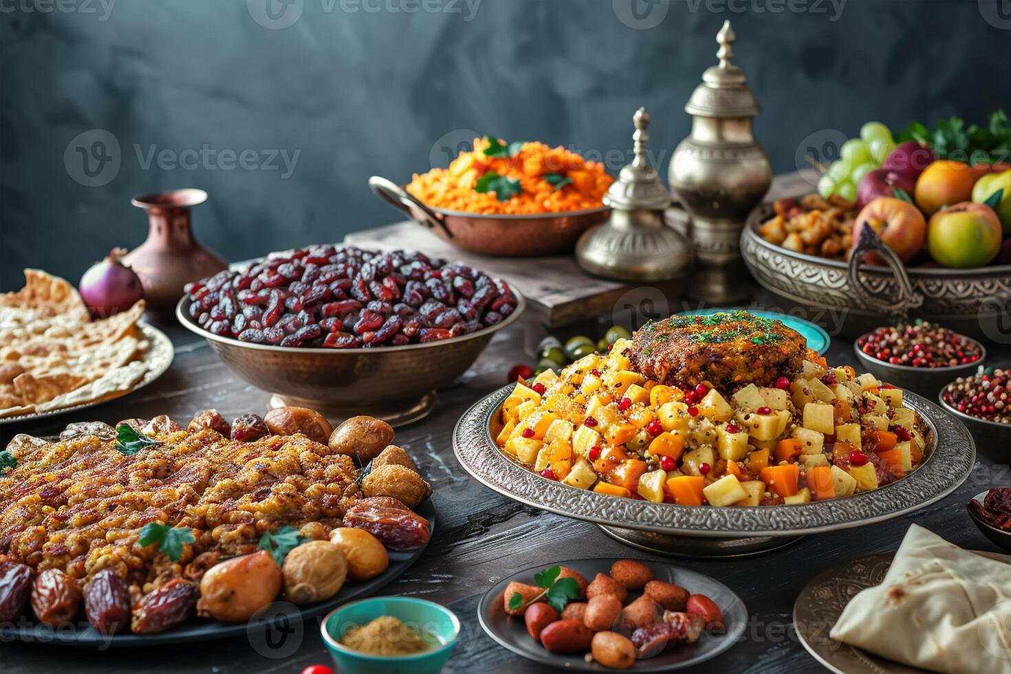 ai gerado uma mesa enfeitado com iftar iguarias gostar datas foto