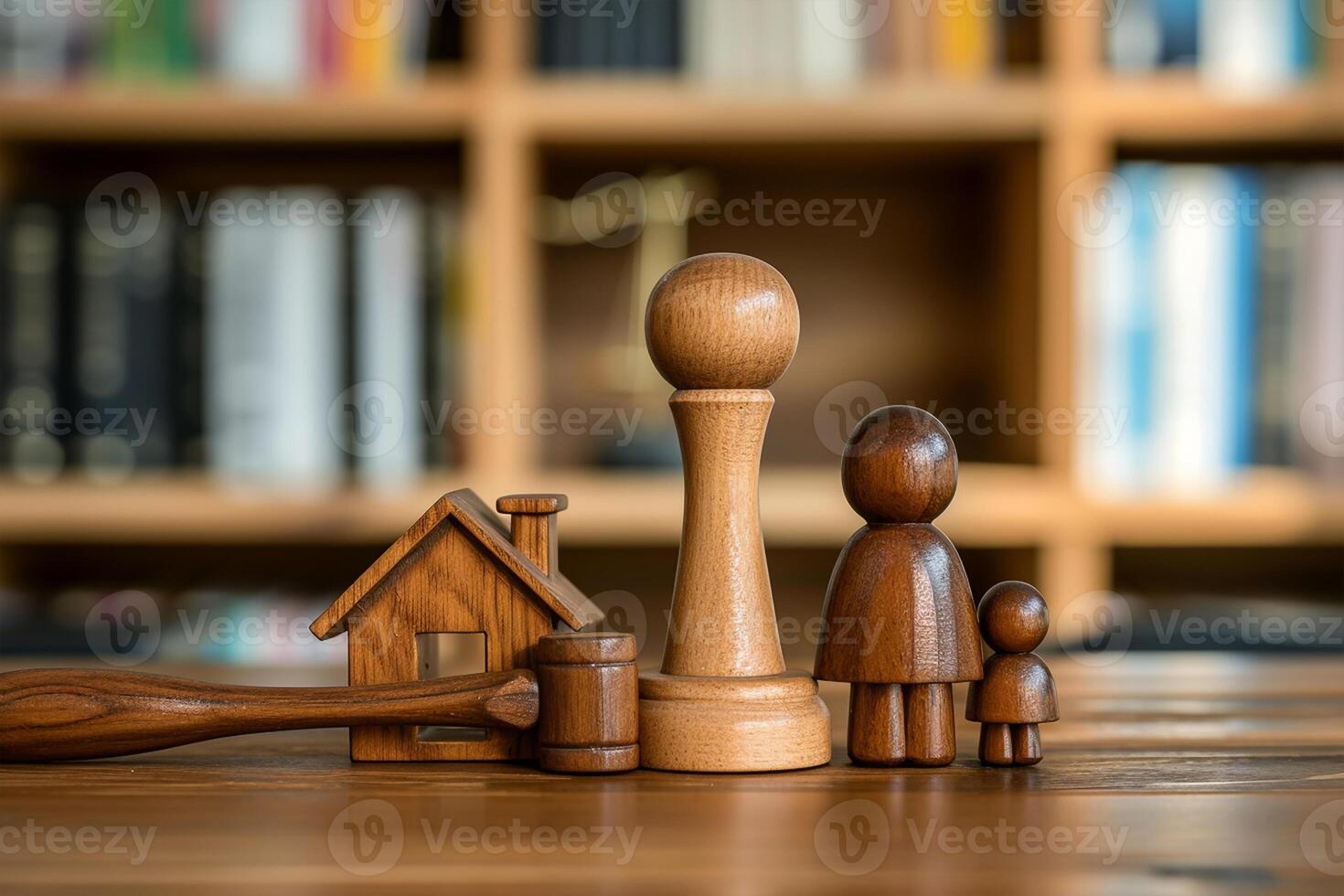 ai gerado de madeira estatuetas do pais e crianças ficar de pé em mesa perto brinquedo casa e juízes martelo foto
