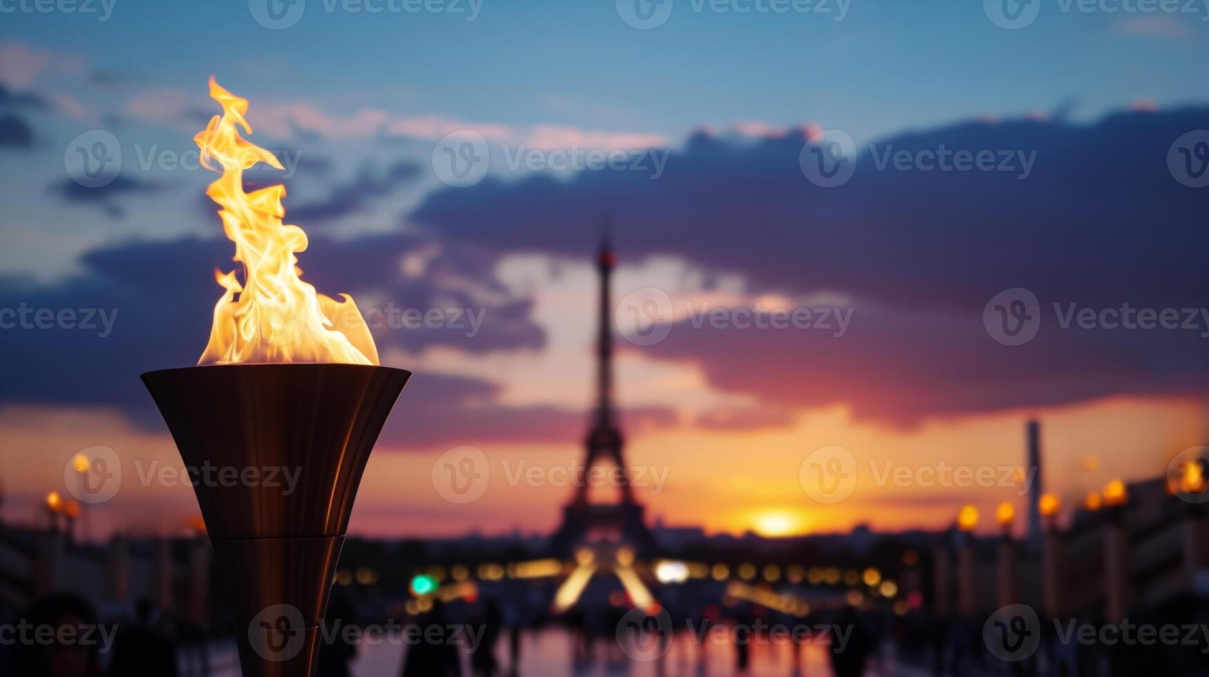 ai gerado olímpico tocha chama contra pôr do sol eiffel foto