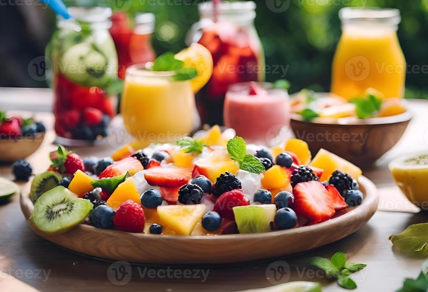 ai gerado fruta e água. multicolorido congeladas gelo beber fez a partir de suco. doce e muito frio fruta limonada. uma variedade com diferente coquetel sabores. fruta batidos dentro plástico foto