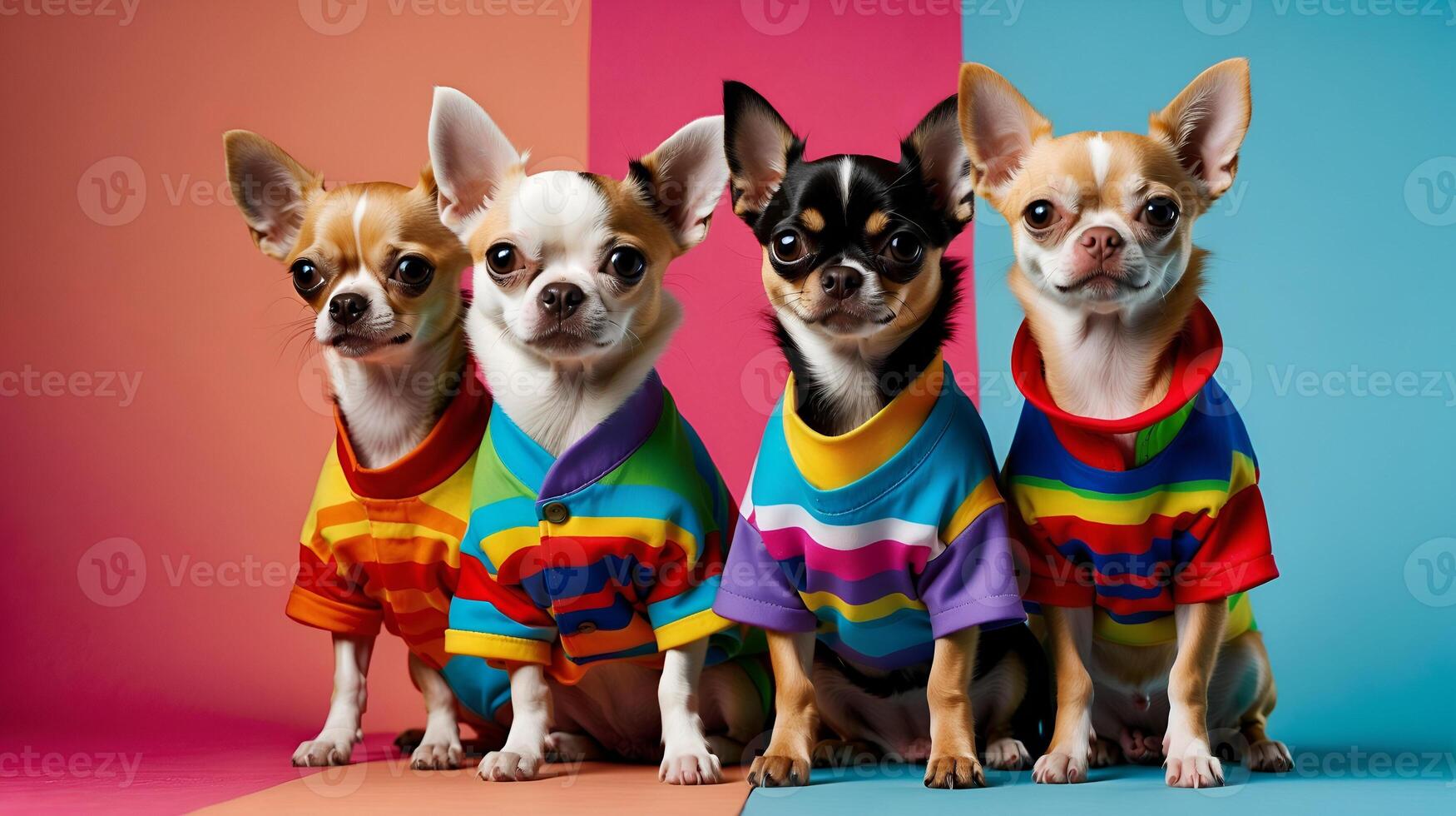 ai gerado chihuahuas dentro colorida traje, forrado acima, irradiando personalidade e moda frente pensamento, ai generativo foto