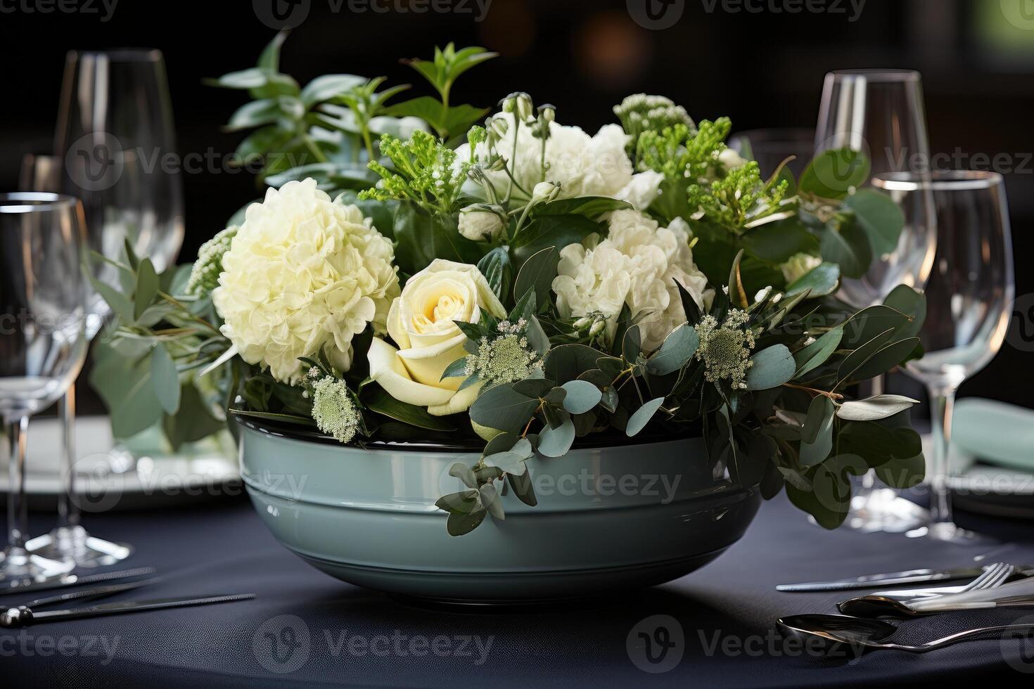 ai gerado moderno elegante evento mesa e talheres configuração dentro uma minimalista estilo publicidade Comida fotografia foto