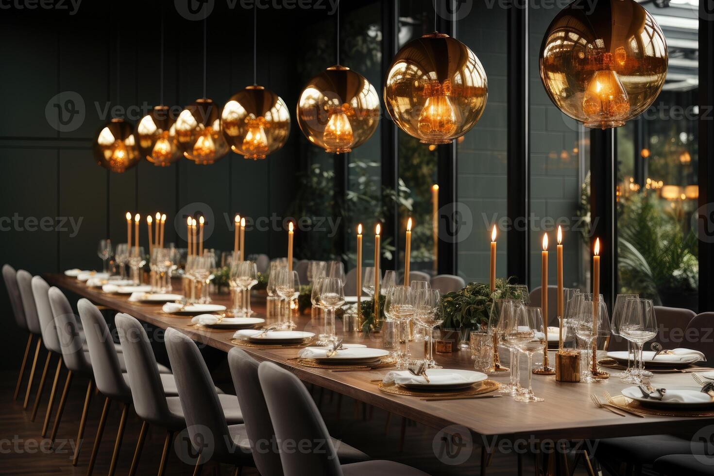 ai gerado moderno elegante evento mesa e talheres configuração dentro uma minimalista estilo publicidade Comida fotografia foto