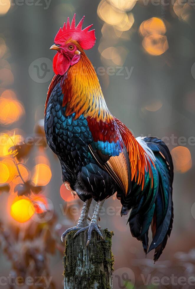 ai gerado galo ou brigando galo em toco dentro a floresta foto