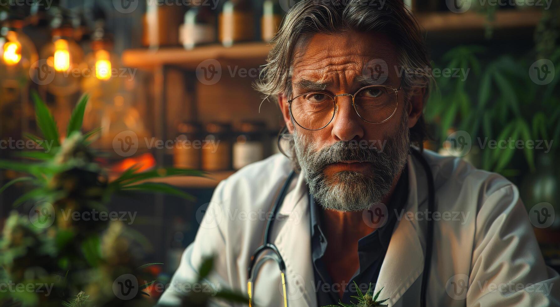 ai gerado retrato do maduro masculino médico com estetoscópio por aí dele pescoço e cannabis plantas em a fundo. foto