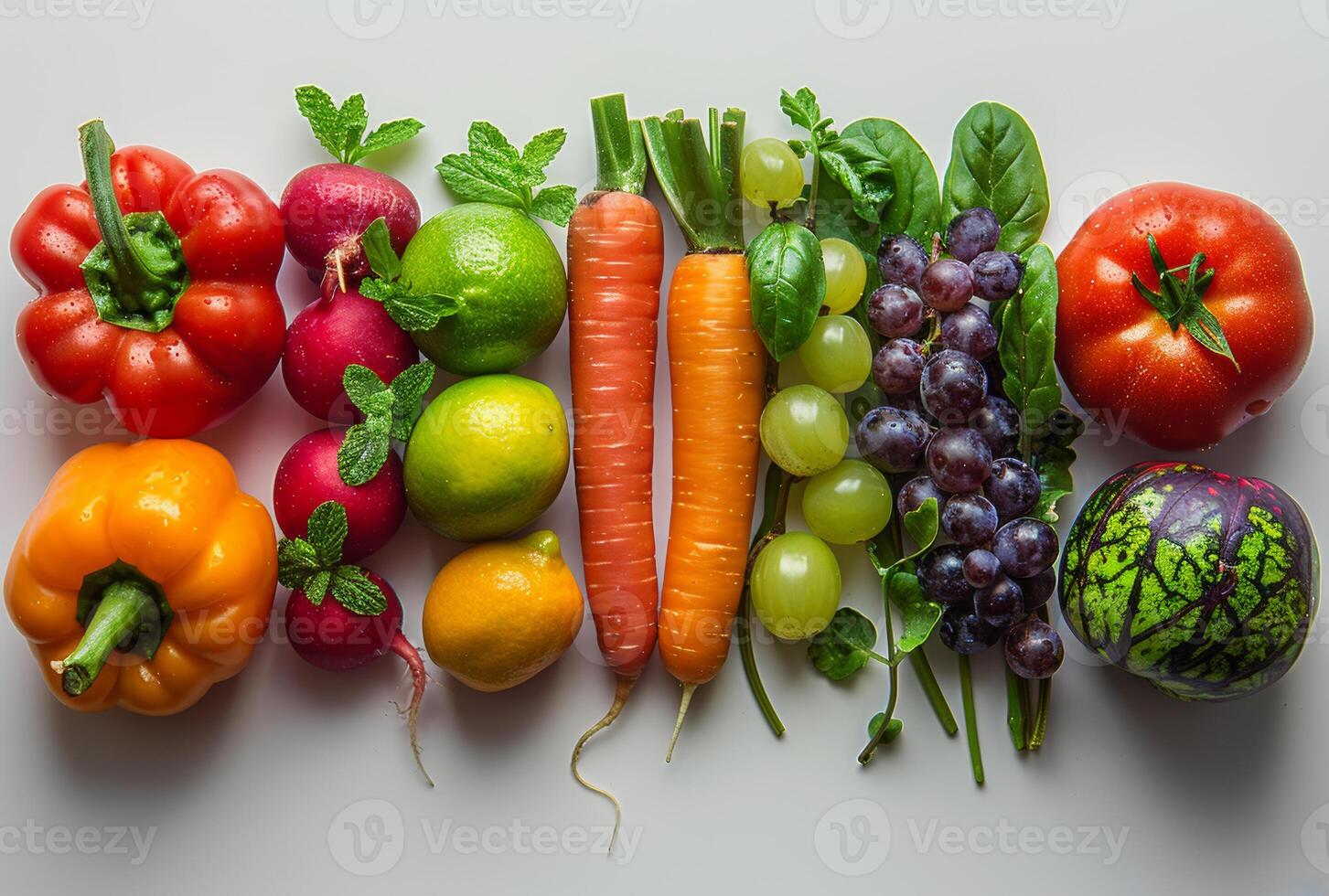 ai gerado fresco frutas e legumes em branco fundo foto