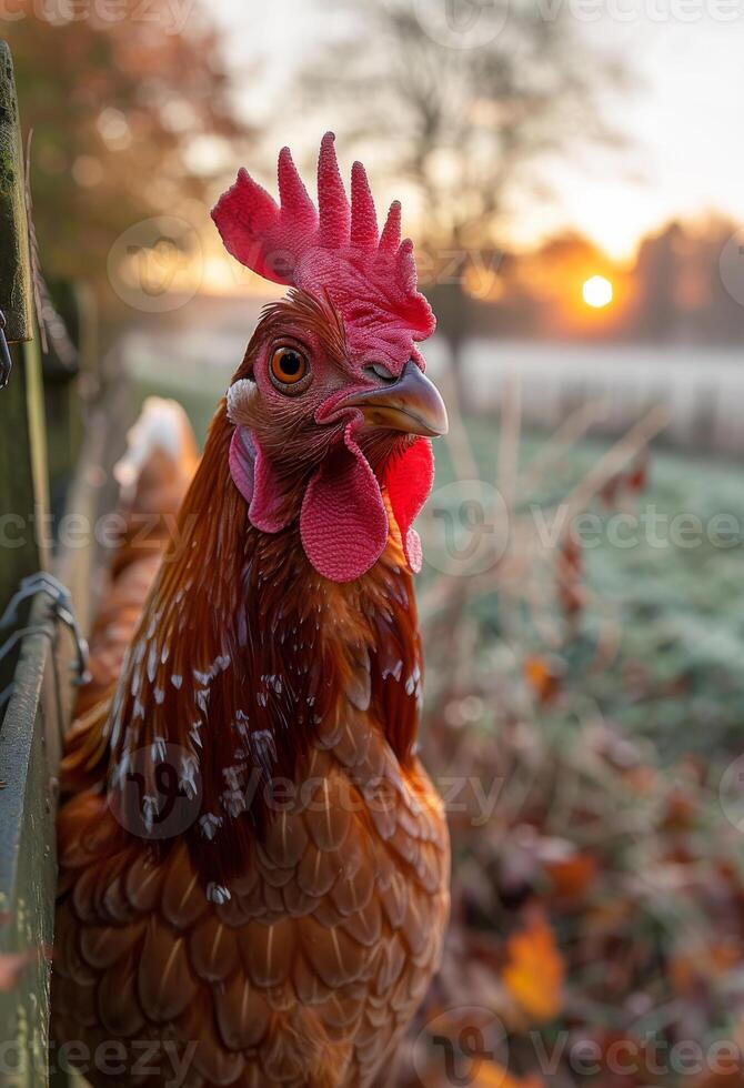 ai gerado livre alcance frango parece sobre cerca às a nascer do sol foto