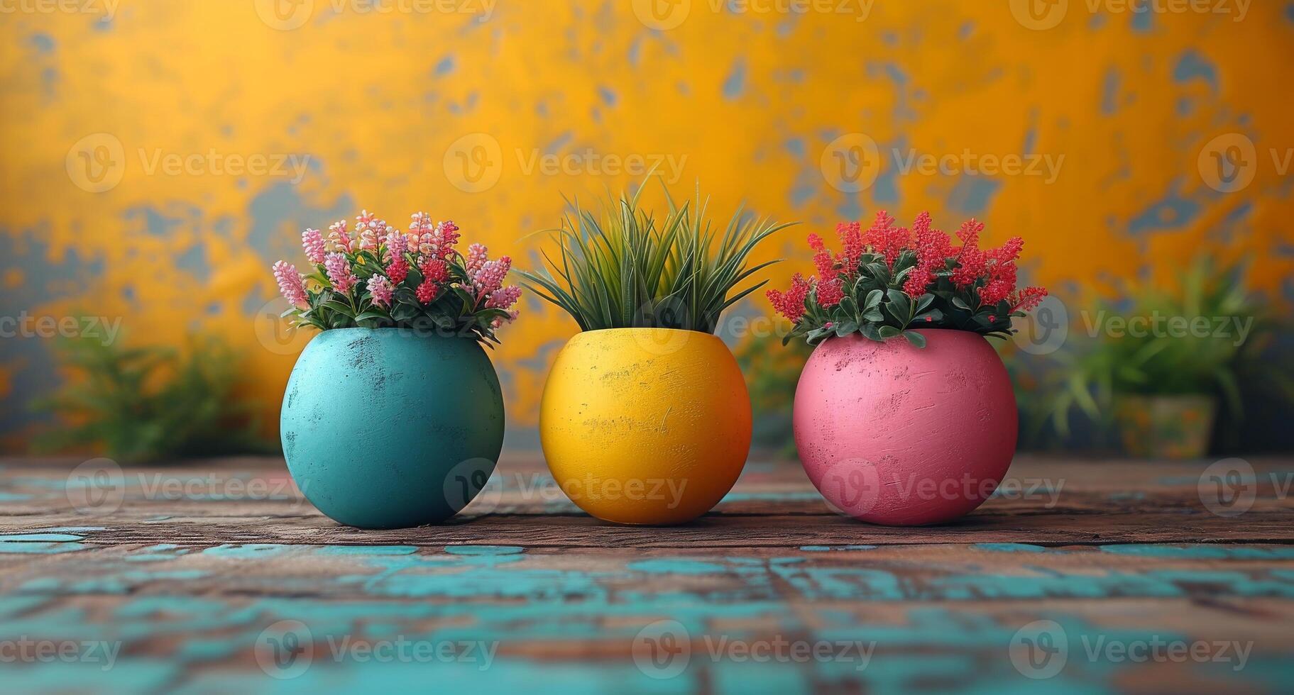 ai gerado três colorida flor panelas em de madeira mesa foto