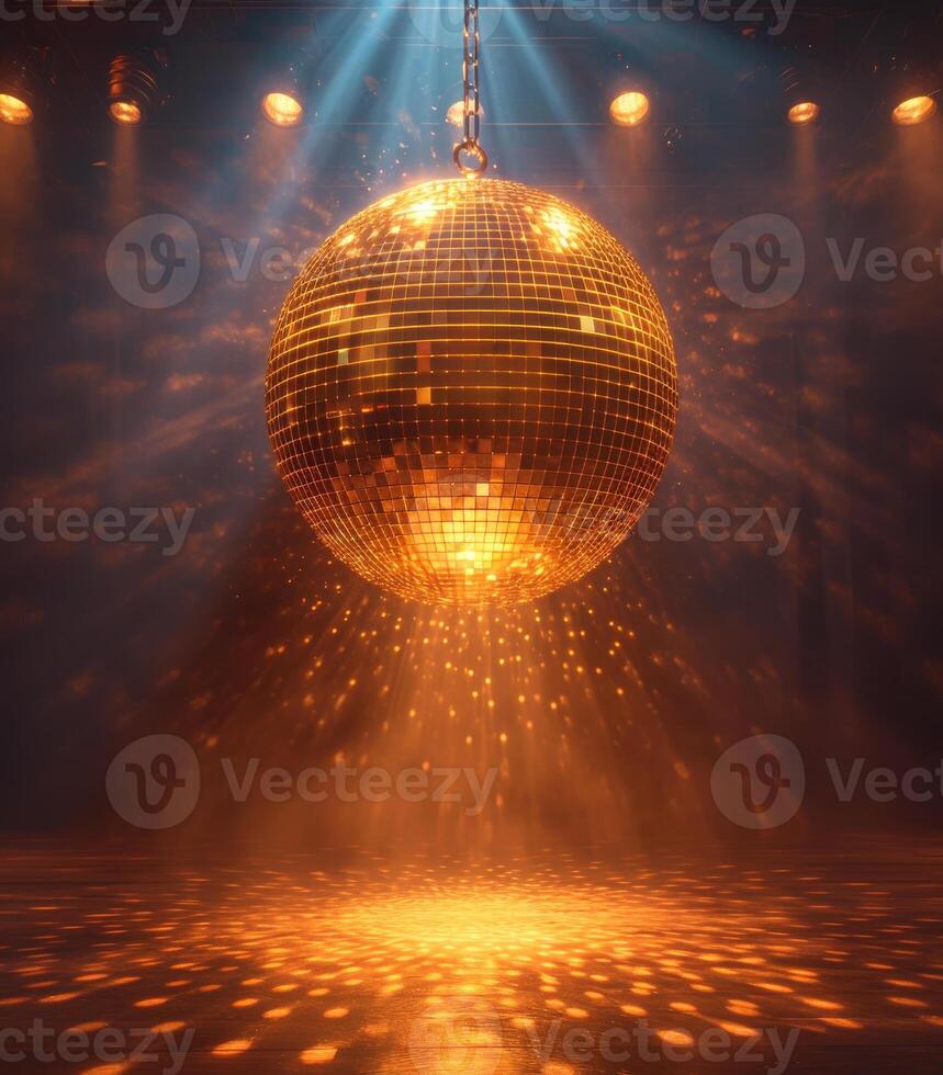 ai gerado ouro discoteca bola e luzes dentro a fundo foto