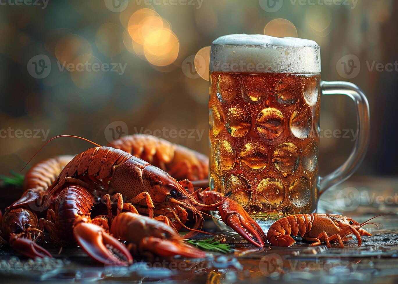 ai gerado fervido lagostim e caneca do Cerveja em de madeira fundo foto