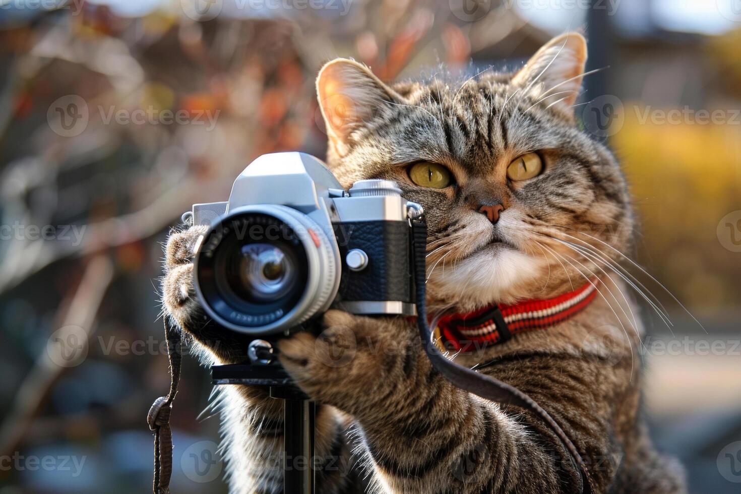 ai gerado retrato do uma gato segurando uma foto Câmera