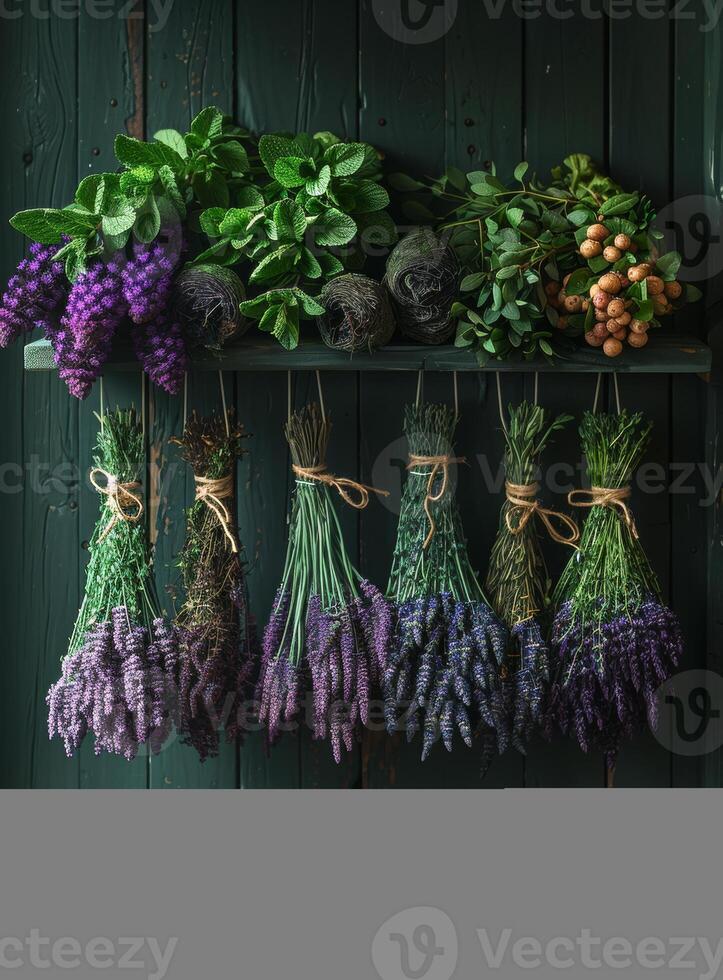 ai gerado Pacotes do lavanda suspensão em corda foto