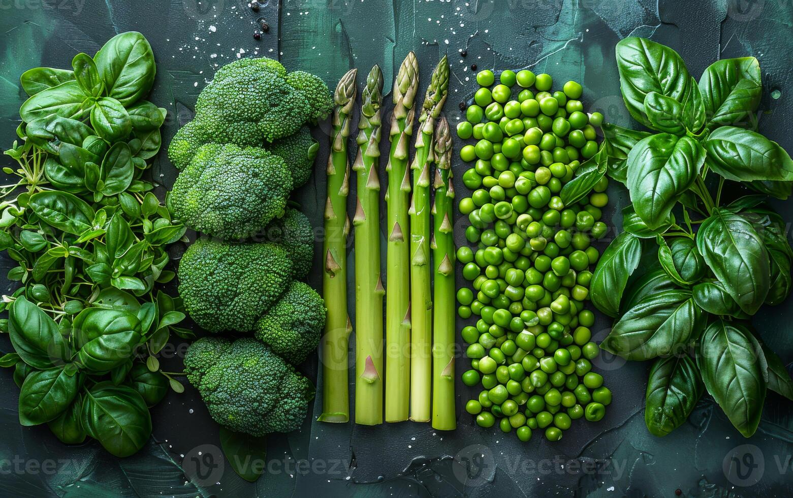 ai gerado verde legumes e ervas em Sombrio fundo topo Visão foto